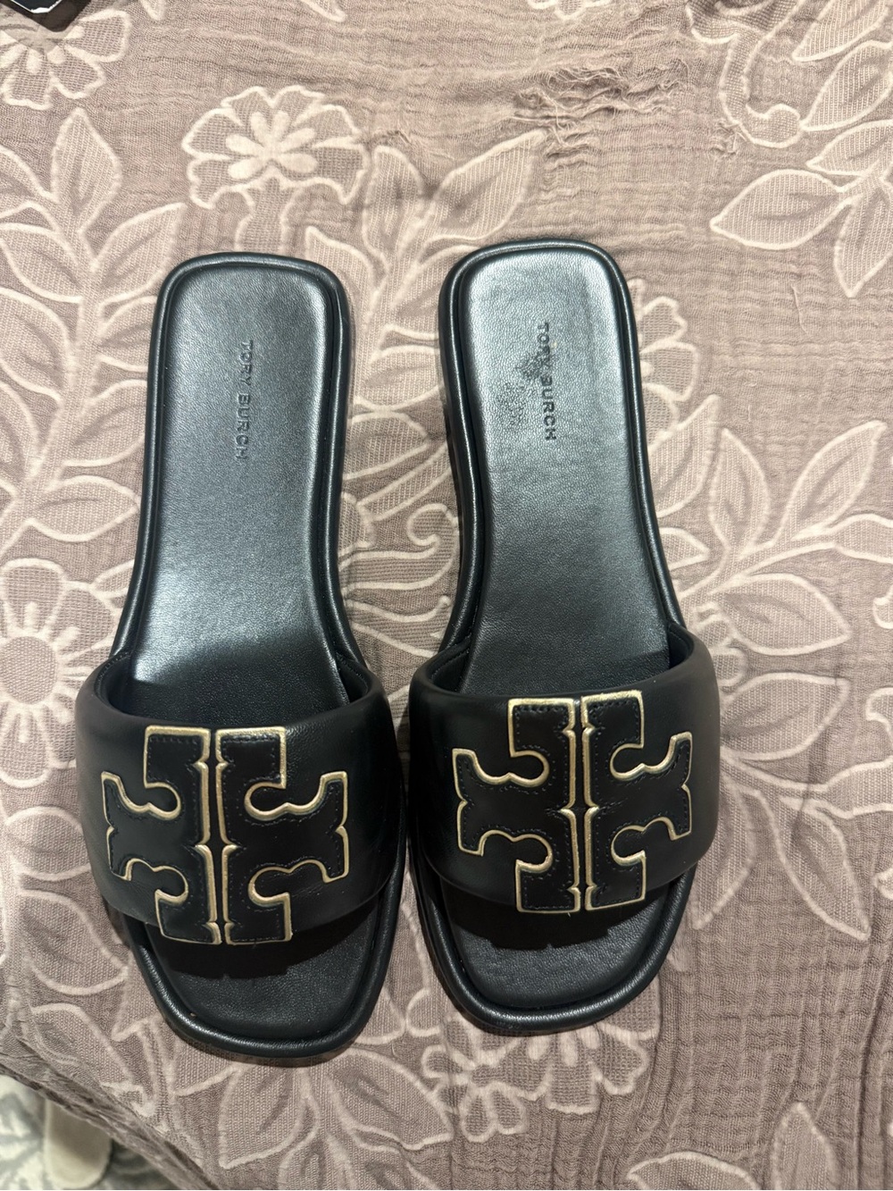 Tory Burch Double T Black Slide Sandals with Gold Logo Accent